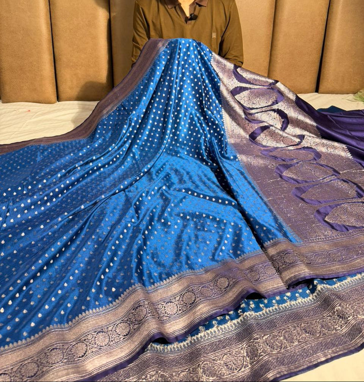 Cobalt blue Mashru katan silk eccentric Banarasi Saree 