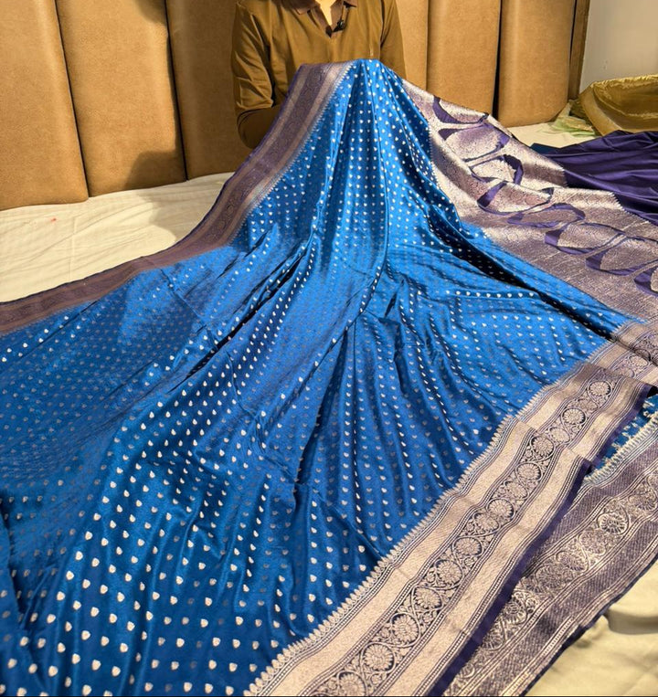 Cobalt blue Mashru katan silk eccentric Banarasi Saree 