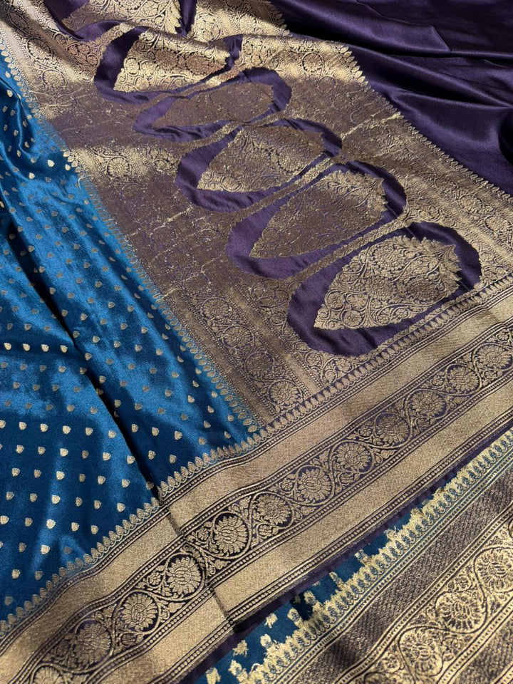 Cobalt blue Mashru katan silk eccentric Banarasi Saree 