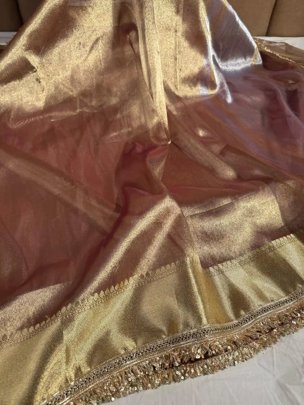 Coffee Brown Tissue Silk Lace Work Saree