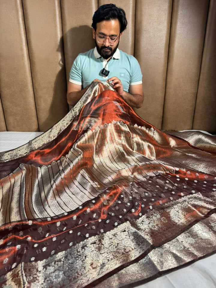 Coffee Brownish Shade 100% Pure Tissue Silk Saree with Never Seen Before 