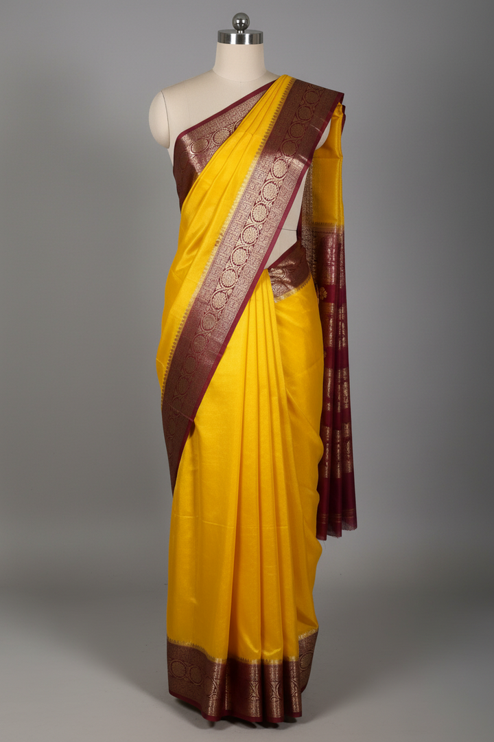 Contrast Mustard Mysore Crepe Silk Banarasi Saree