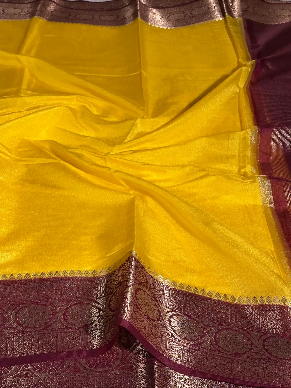 Contrast Mustard Mysore Crepe Silk Banarasi Saree