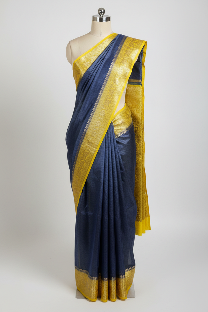 Contrast Navy Blue Mysore Crepe Silk Banarasi Saree