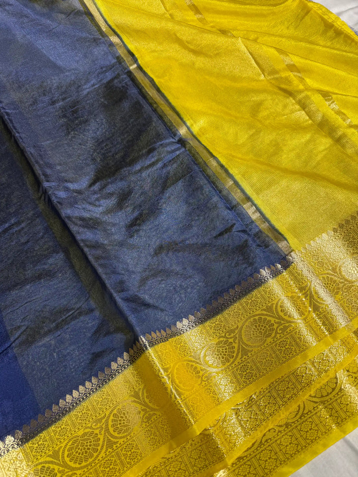 Contrast Navy Blue Mysore Crepe Silk Banarasi Saree