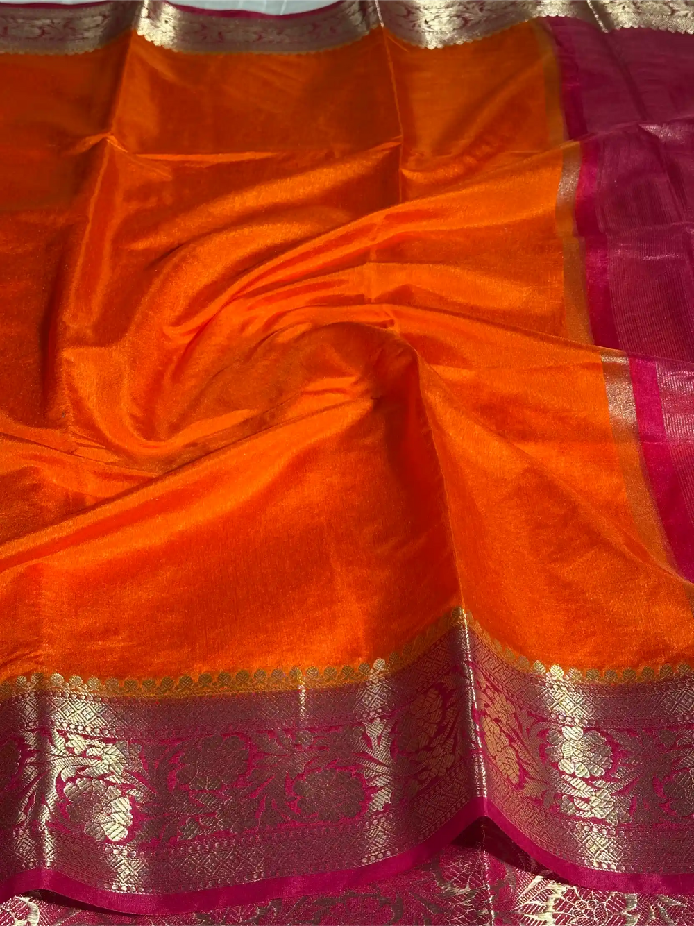 Contrast Orange Mysore Crepe Silk Banarasi Saree