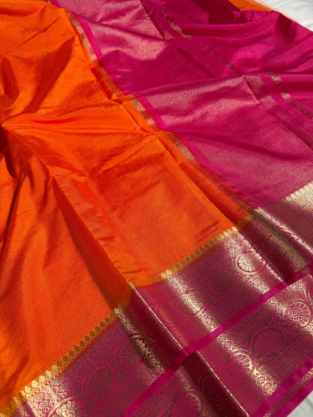 Contrast Orange Mysore Crepe Silk Banarasi Saree
