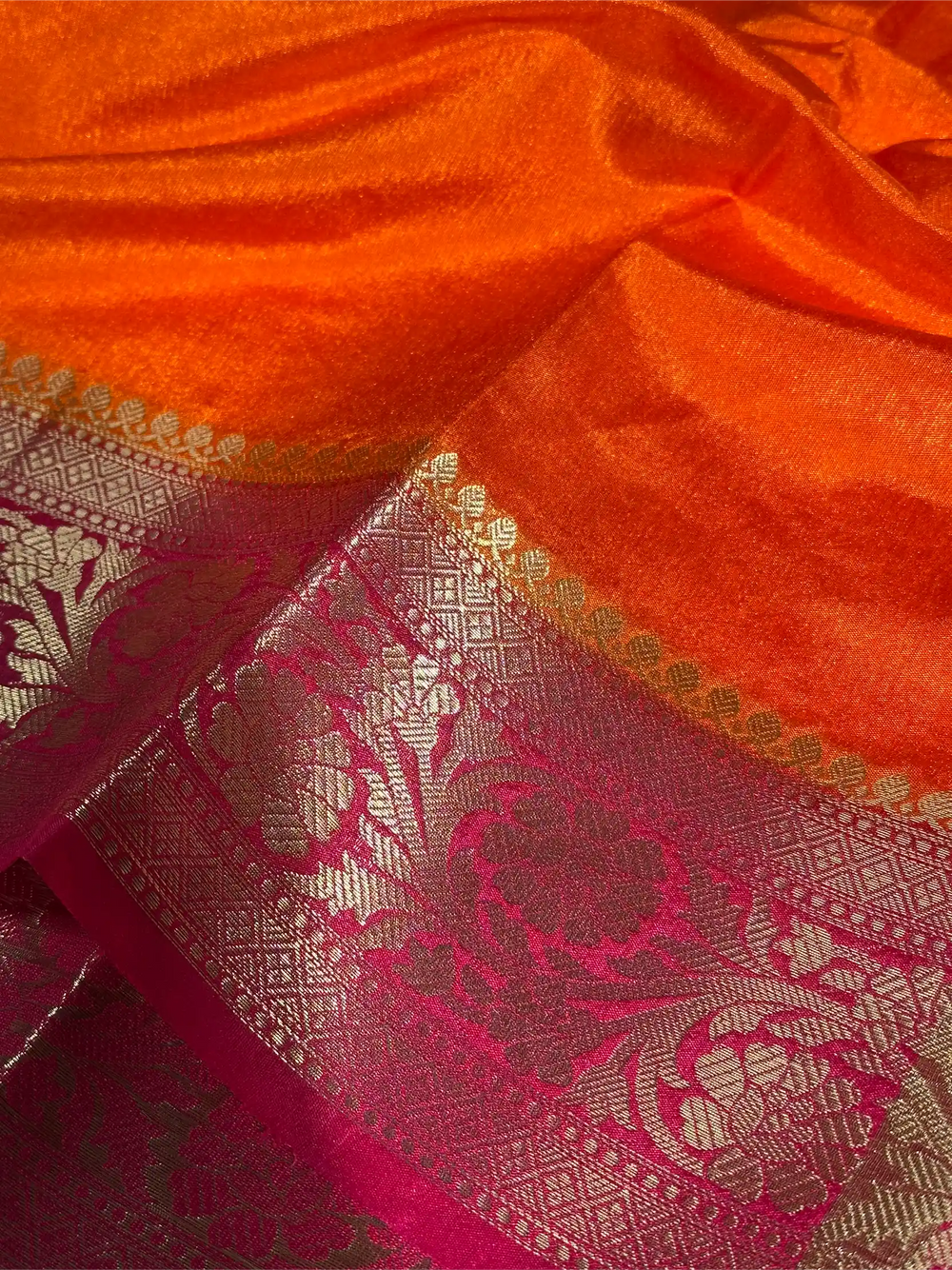 Contrast Orange Mysore Crepe Silk Banarasi Saree