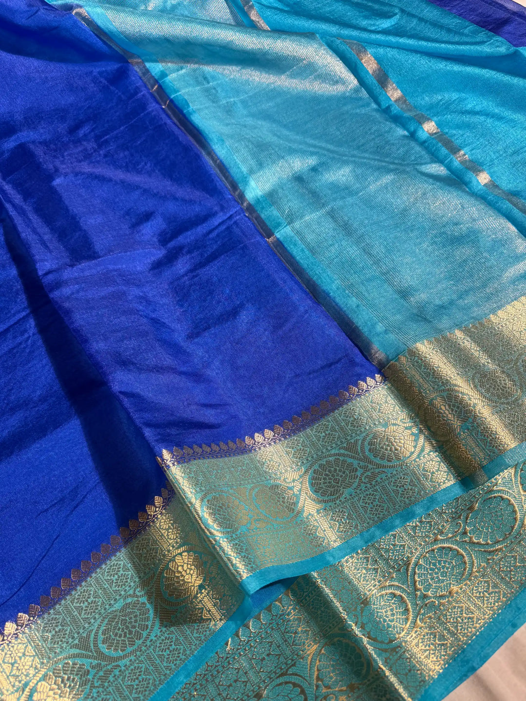 Contrast Royal Blue Mysore Crepe Silk Banarasi Saree