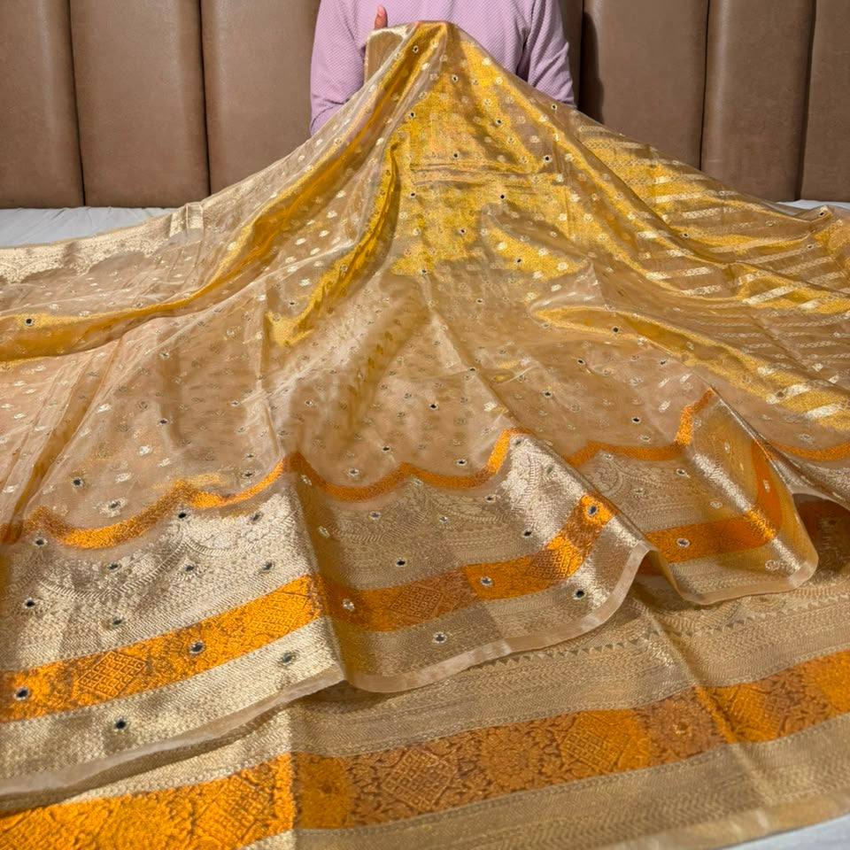 Copper Gold Kora Tissue Silk Mirror Work Saree