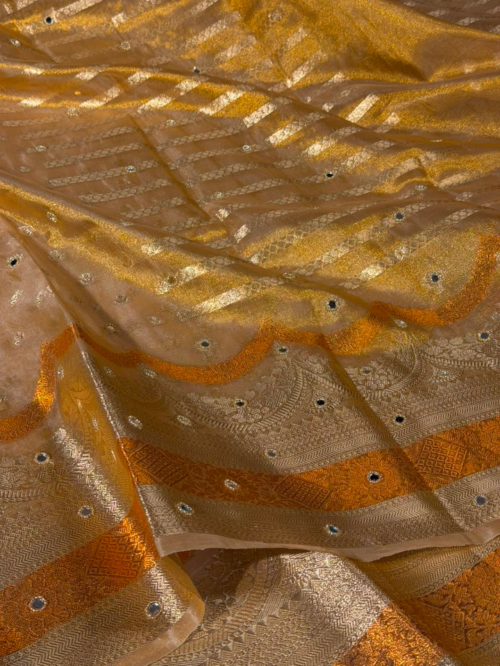 Copper Gold Kora Tissue Silk Mirror Work Saree