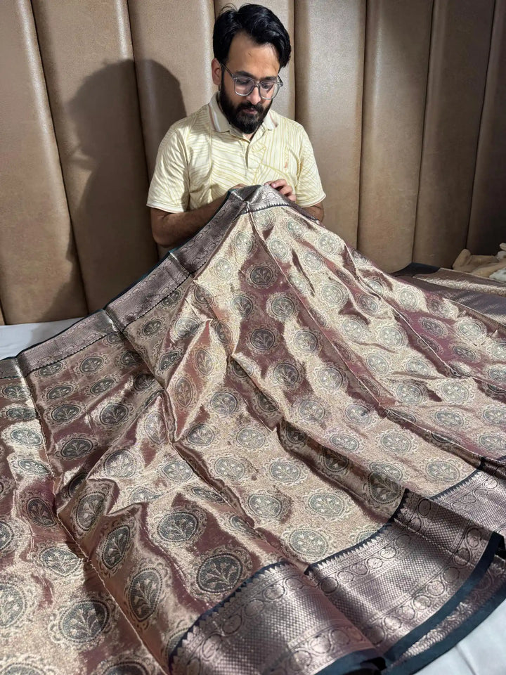 Copper Rose Kanjivaram Tissue Silk Saree with Rich Pallu and Blouse