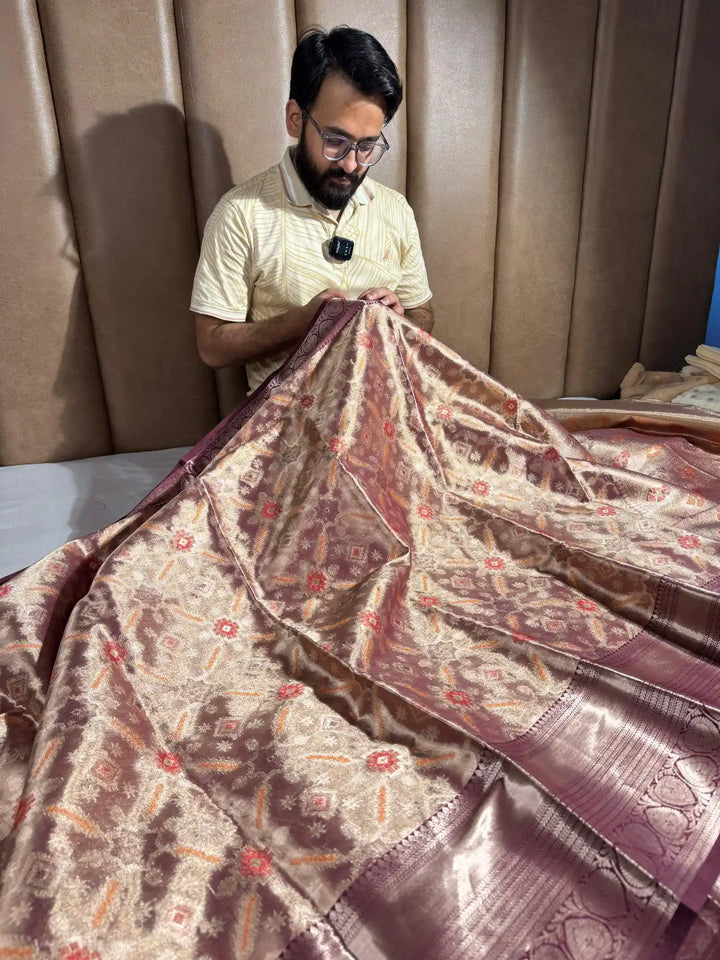 Copper Rose Kanjivaram Tissue Silk Saree with Rich Pallu and Blouse