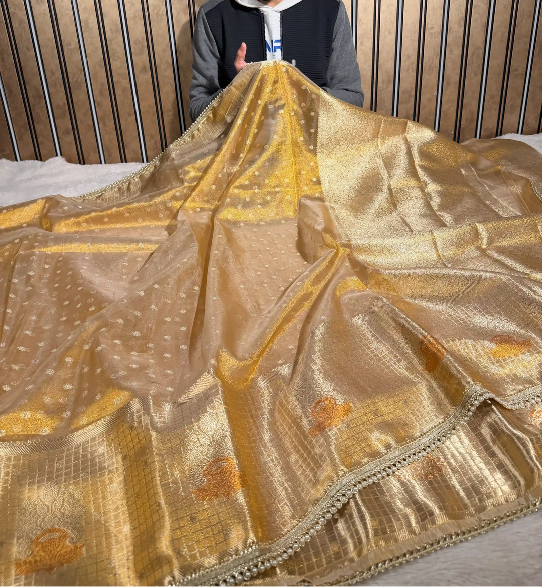 Copper Tissue Silk Checked Border Designer Banarasi Saree