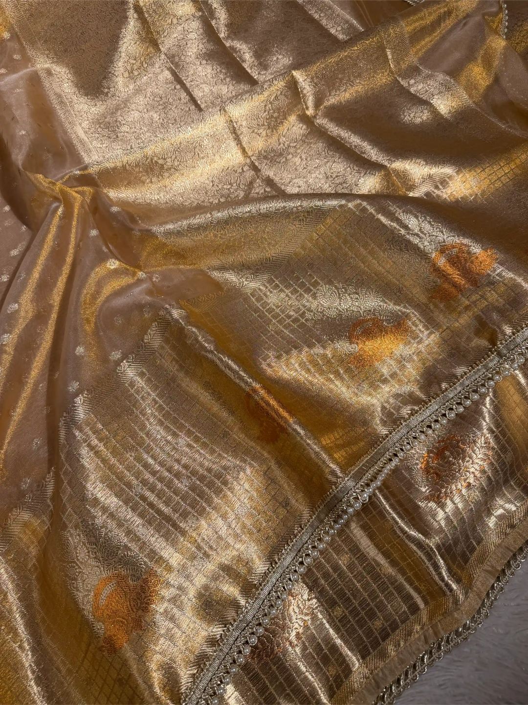 Copper Tissue Silk Checked Border Designer Banarasi Saree