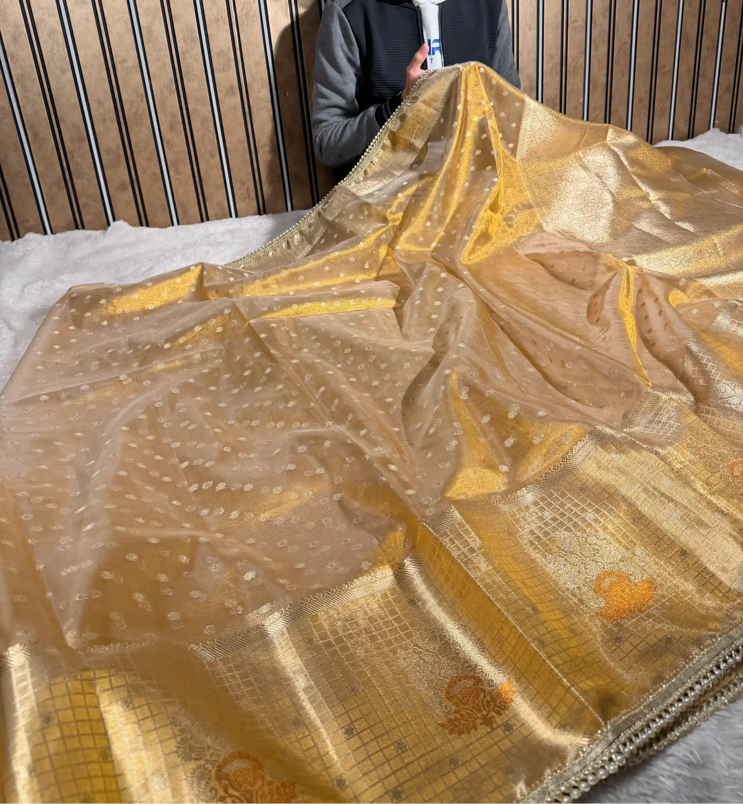 Copper Tissue Silk Checked Border Designer Banarasi Saree