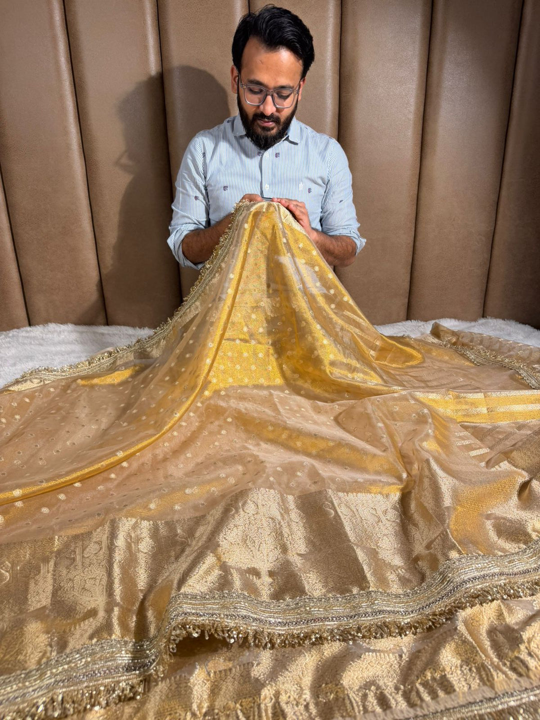 Copper Tissue Silk Eccentric Designer Lace Work Banarasi Saree