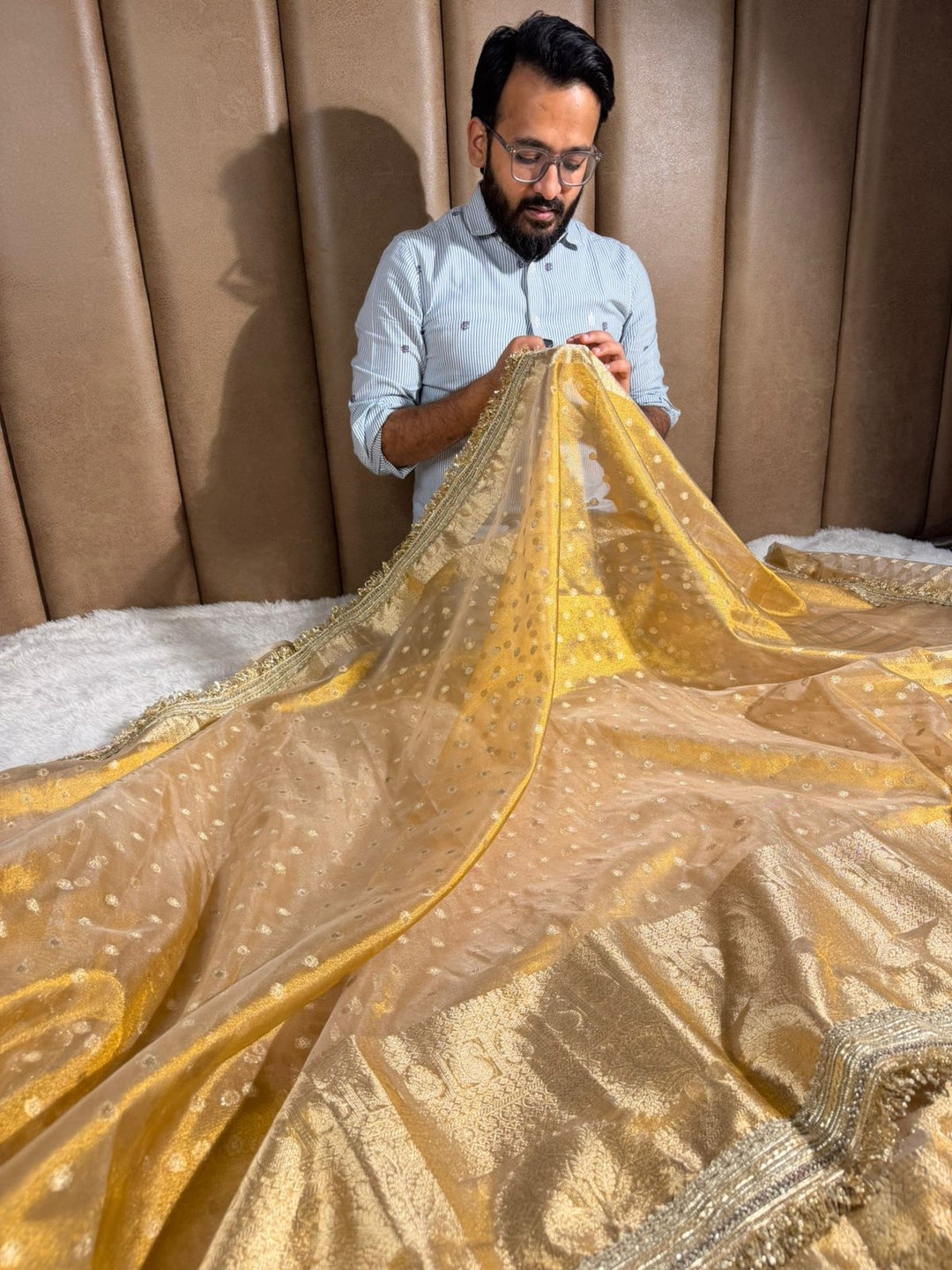 Copper Tissue Silk Eccentric Designer Lace Work Banarasi Saree