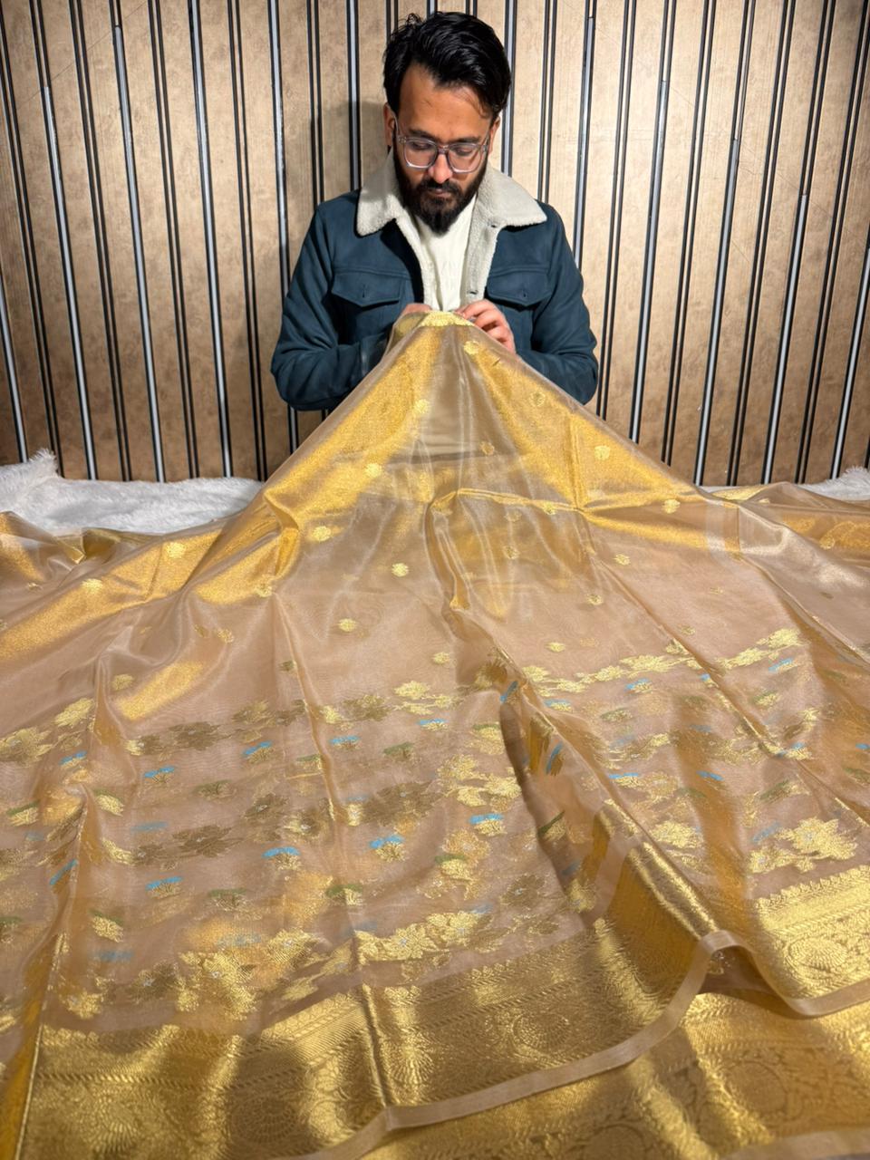 Copper Tissue Silk Floral Meenakari Weave Banarasi Saree 