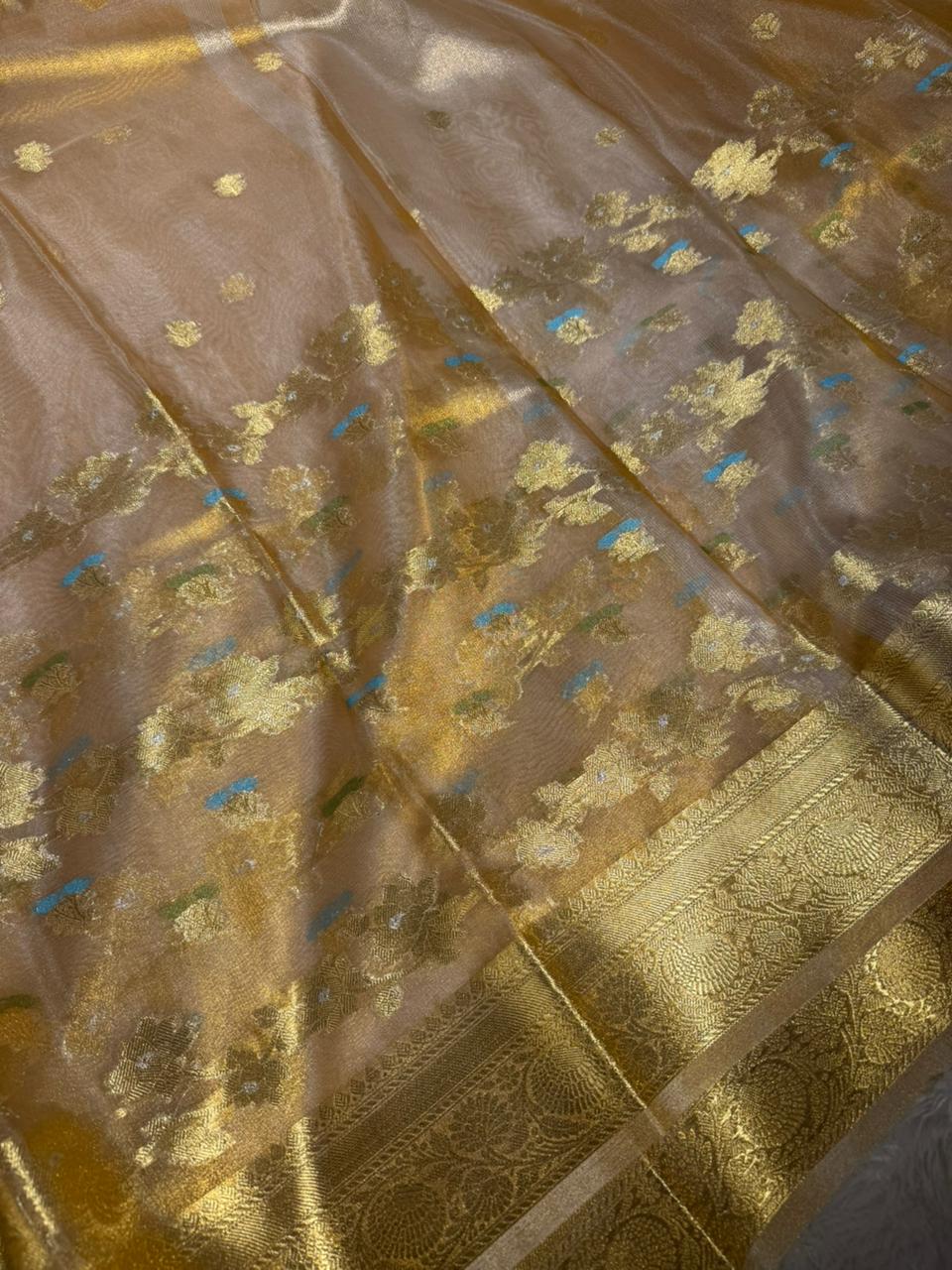 Copper Tissue Silk Floral Meenakari Weave Banarasi Saree 