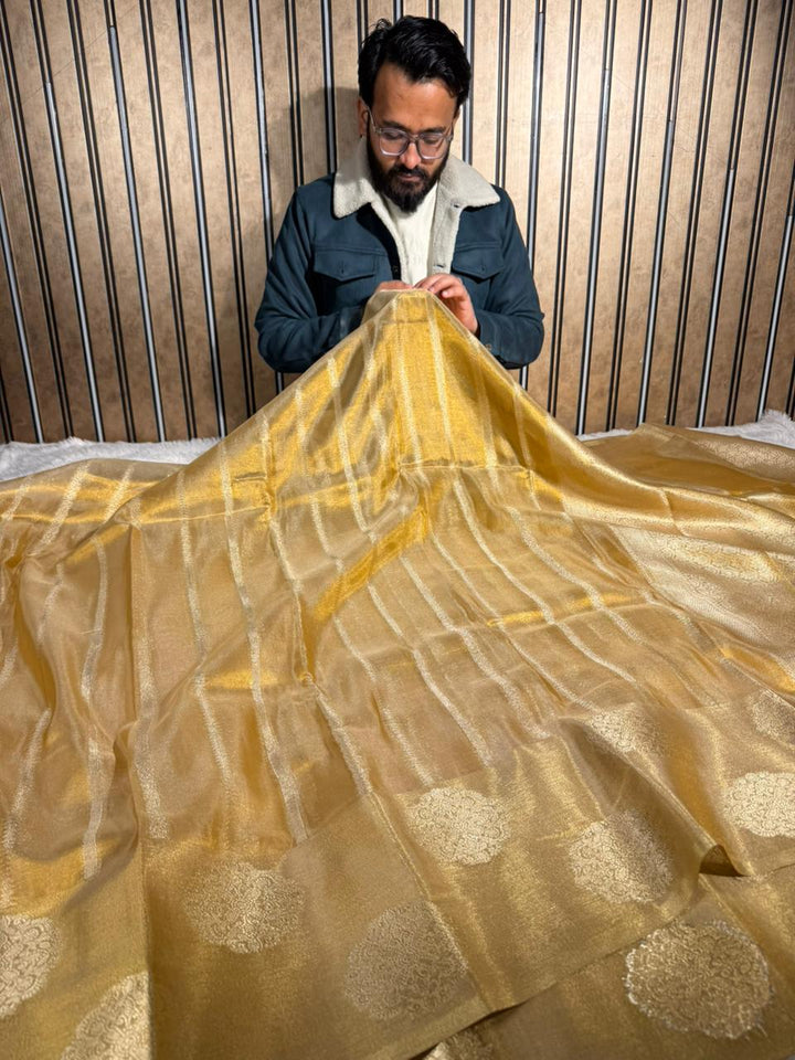 Copper Tissue Silk Heritage Stripe Weave Banarasi Saree