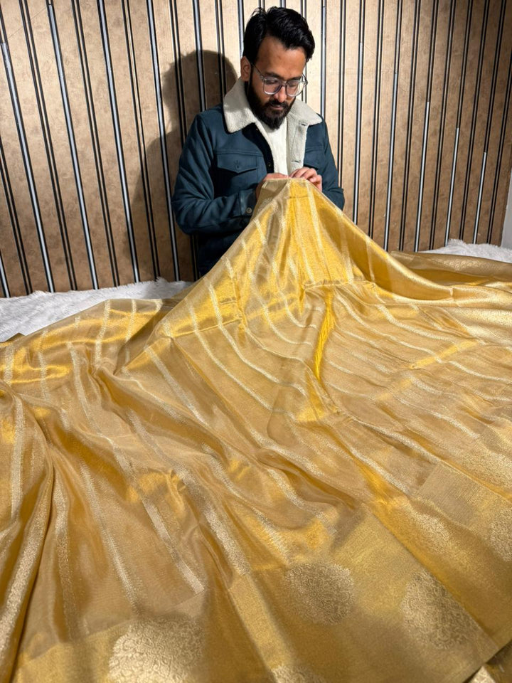 Copper Tissue Silk Heritage Stripe Weave Banarasi Saree