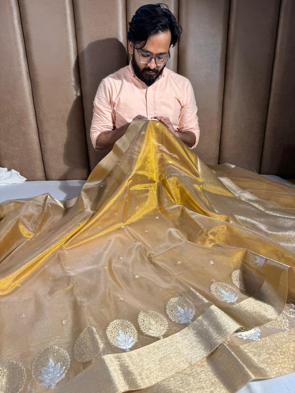 Copper Tissue Silk Meenkari Saree with rich pallu and blouse