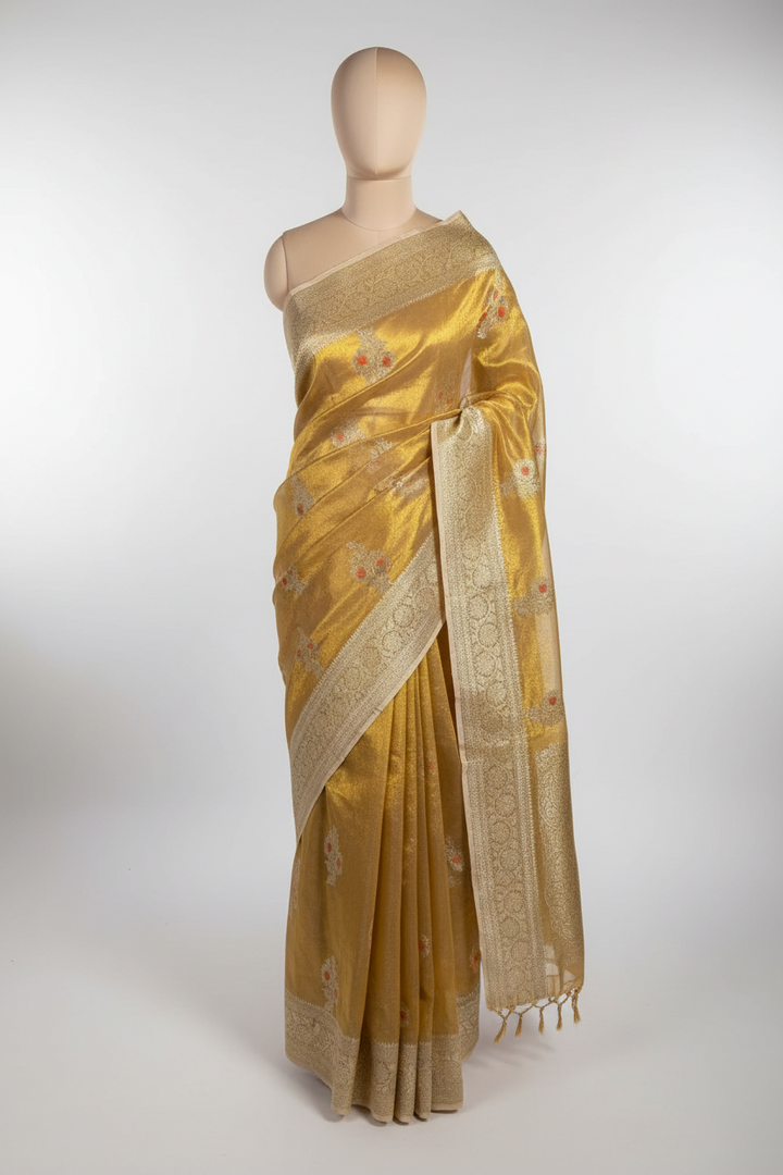Copper Tissue Silk Meenkari Saree with rich pallu and blouse