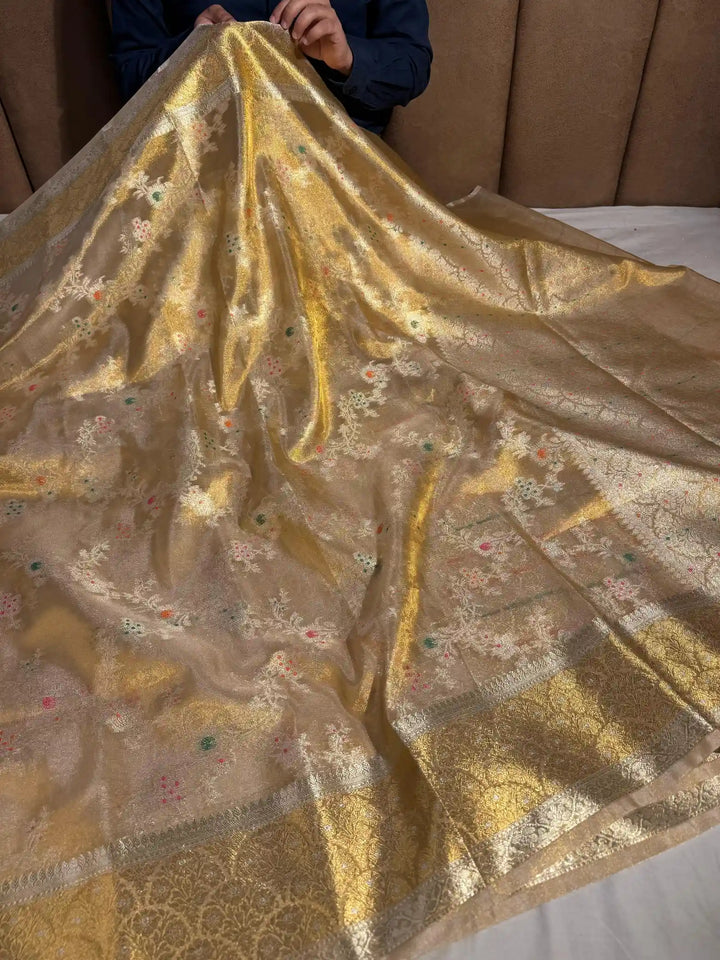 Copper Tissue Silk Meenkari Saree with rich pallu and blouse