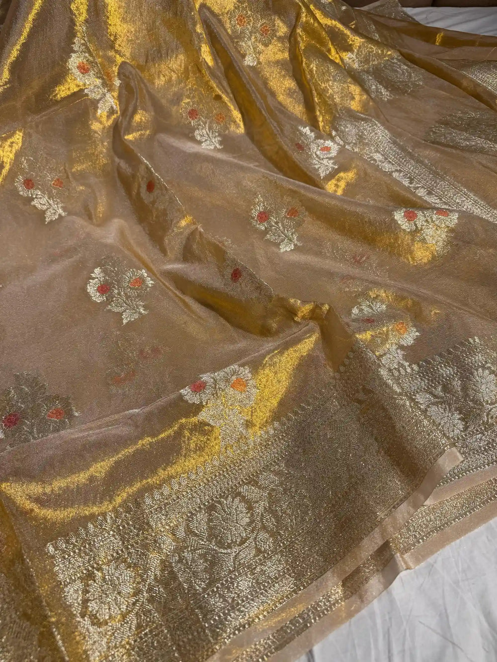 Copper Tissue Silk Meenkari Saree with rich pallu and blouse