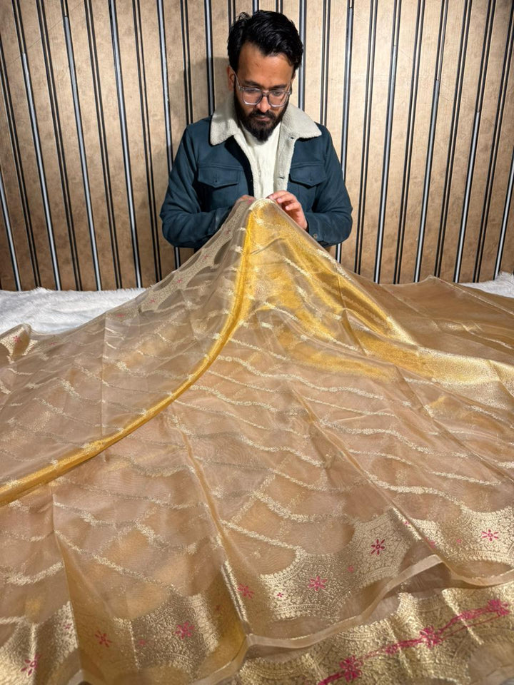 Copper Tissue Silk Stripe Weave Banarasi Saree 