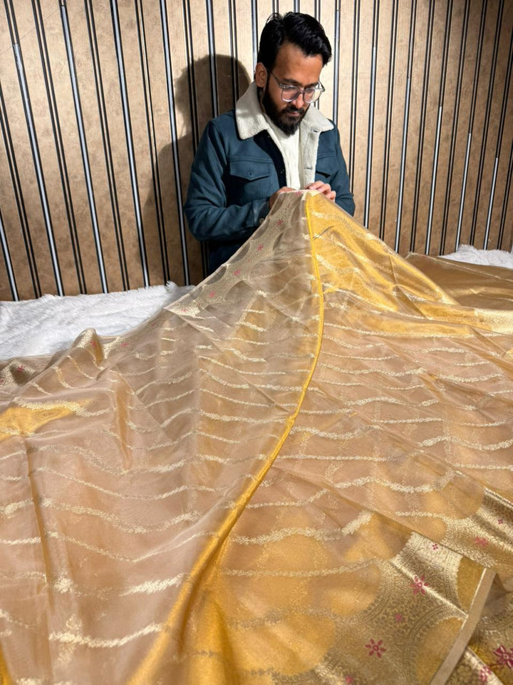 Copper Tissue Silk Stripe Weave Banarasi Saree 