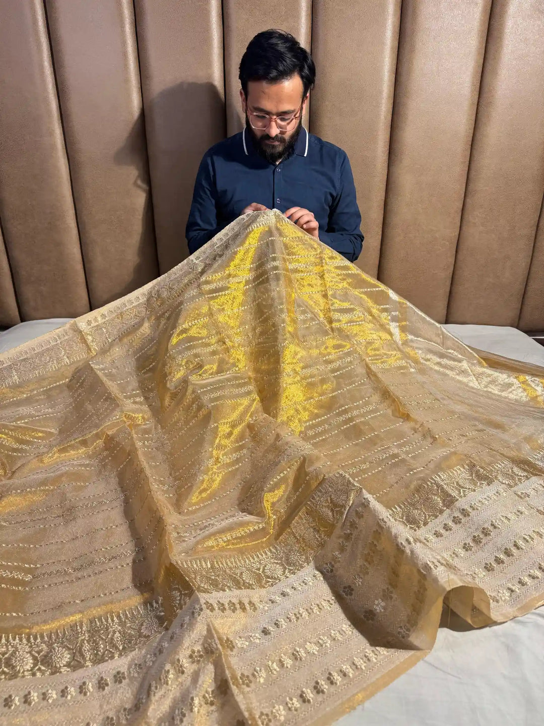 Copper Tissue Silk Stripe Weave Pattern Banarasi Saree