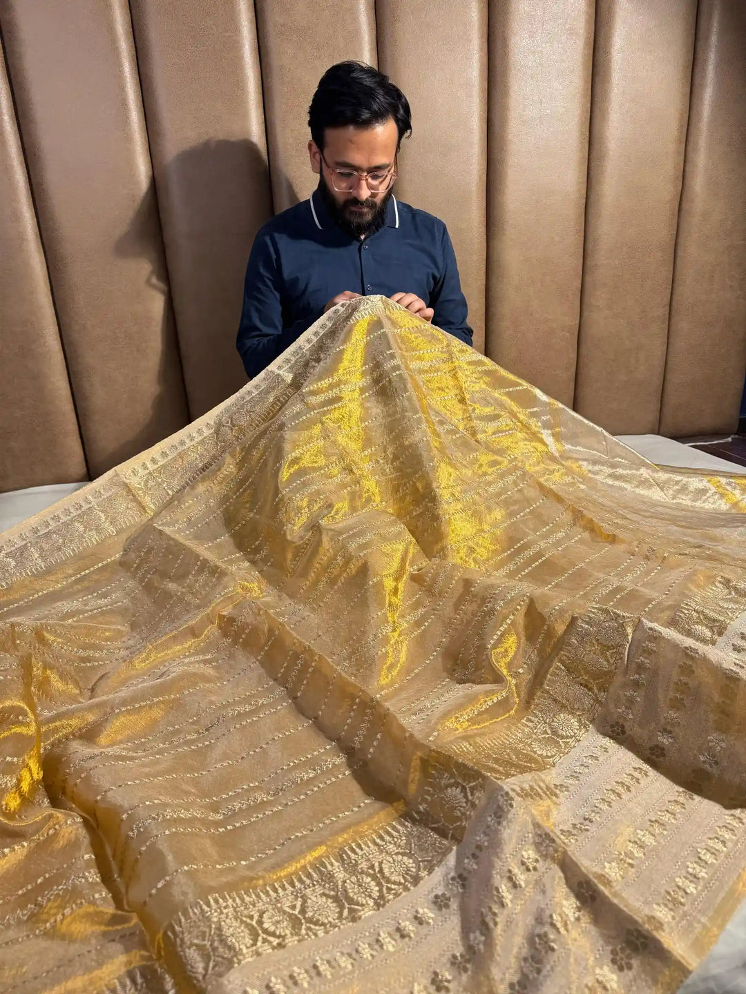 Copper Tissue Silk Stripe Weave Pattern Banarasi Saree