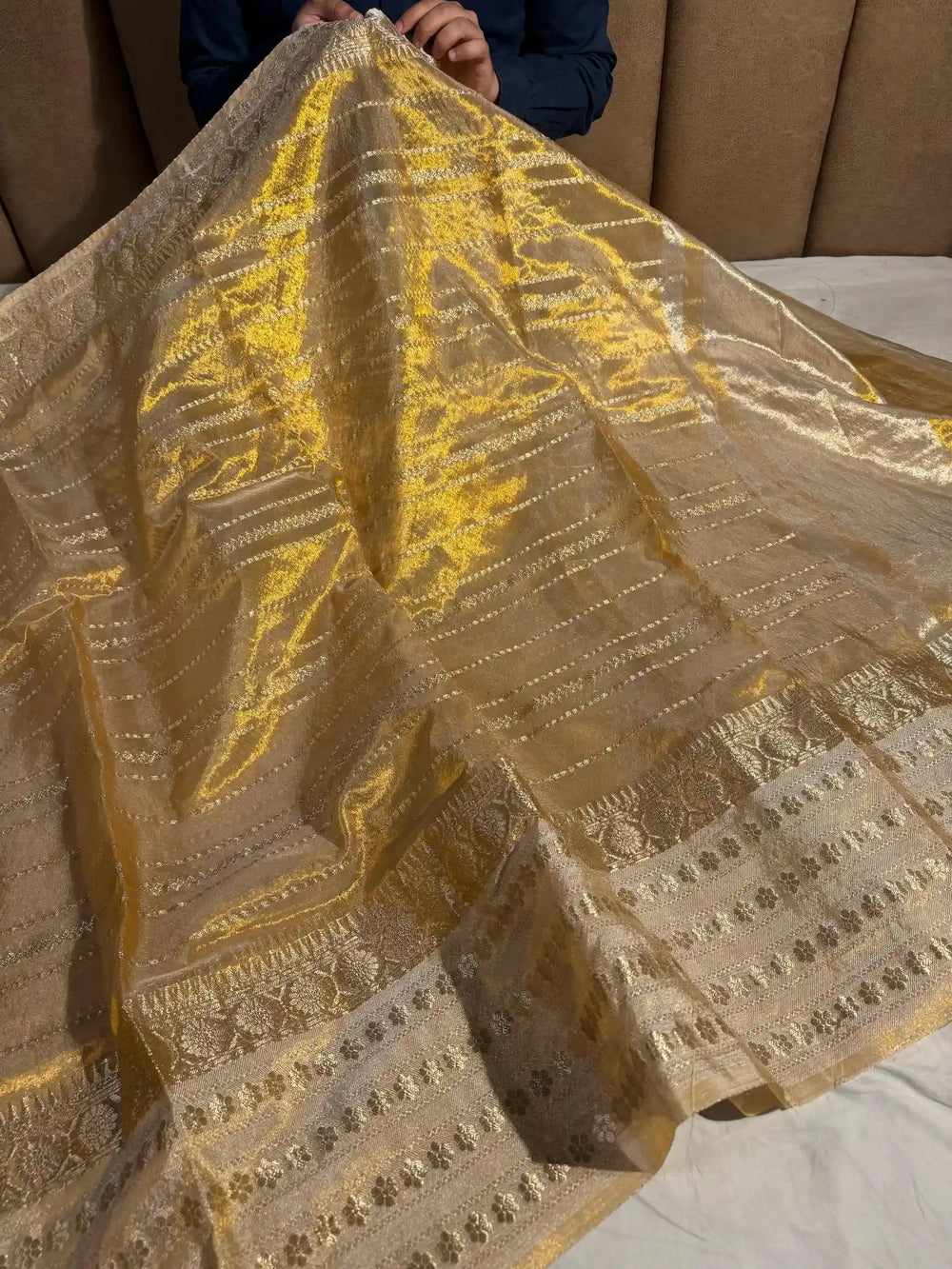 Copper Tissue Silk Stripe Weave Pattern Banarasi Saree