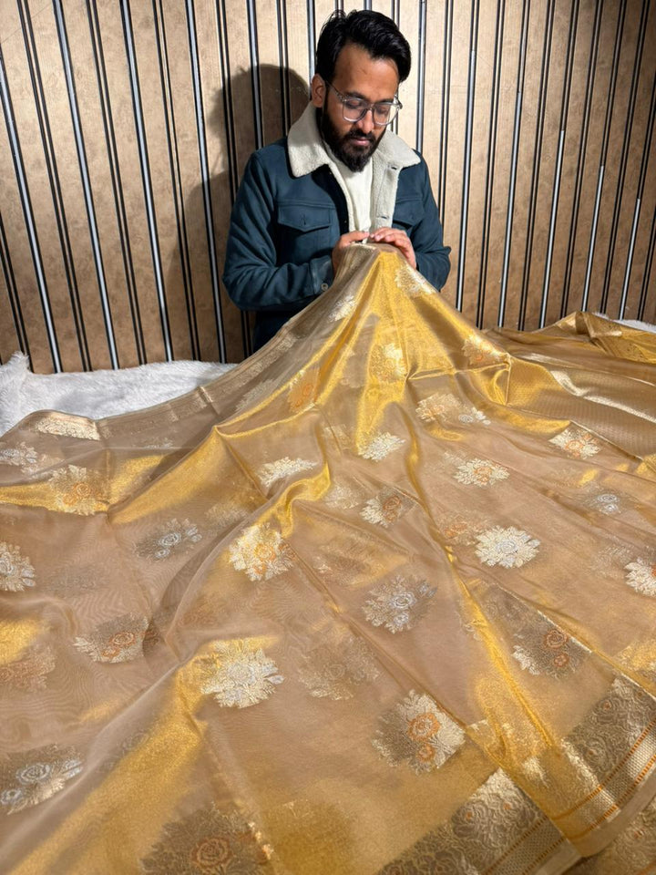 Copper Tissue Silk Traditional Buta Weave Banarasi Saree