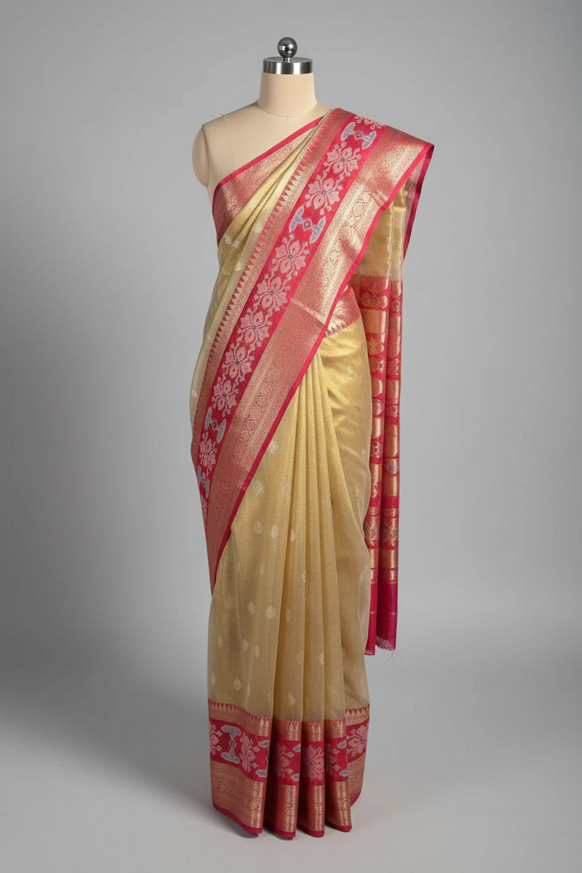 Copper Contrast Tissue Silk Buti Banarasi Saree