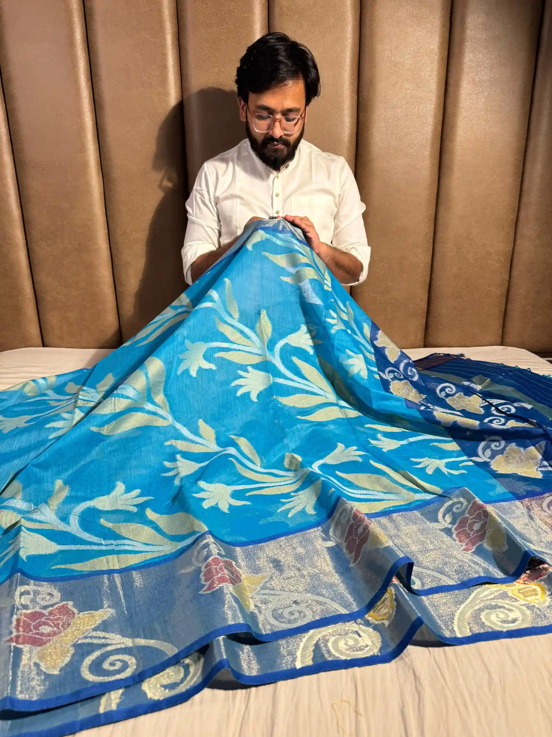 Blue Cotton Pochampally Saree with Very Fine Quality Weaved Technique and Texture Zari Border