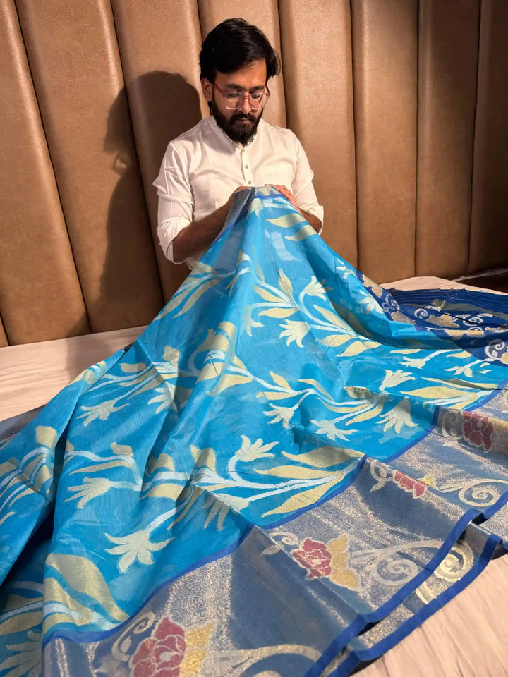 Blue Cotton Pochampally Saree with Very Fine Quality Weaved Technique and Texture Zari Border