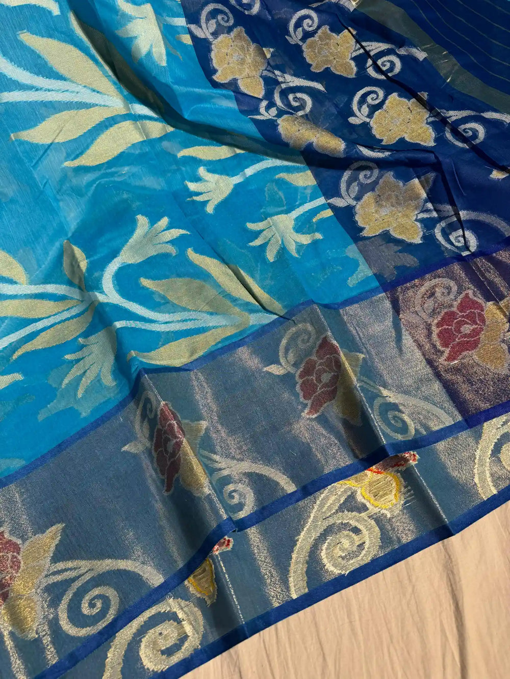 Blue Cotton Pochampally Saree with Very Fine Quality Weaved Technique and Texture Zari Border