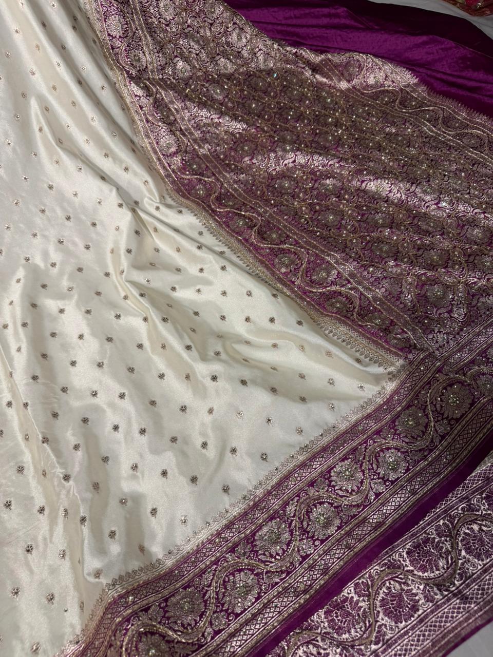 Cream - Majenta Mashru Katan Silk Zardosi Handwork Saree