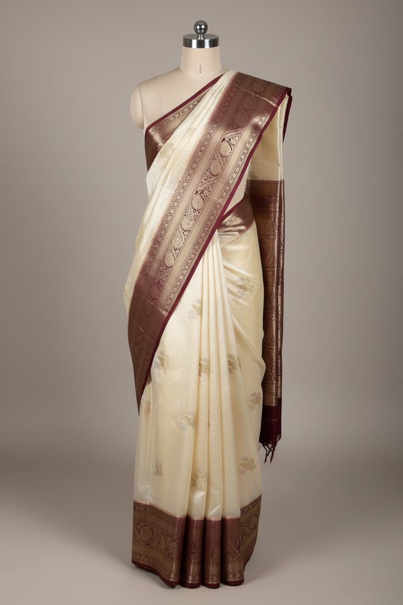 Cream Wine Mango Katan Silk Traditional Banarasi Saree