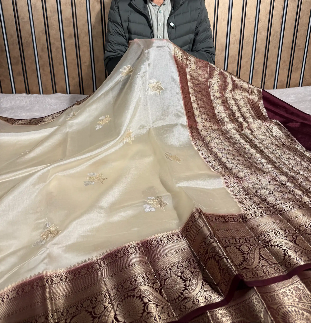 Cream Wine Mango Katan Silk Traditional Banarasi Saree