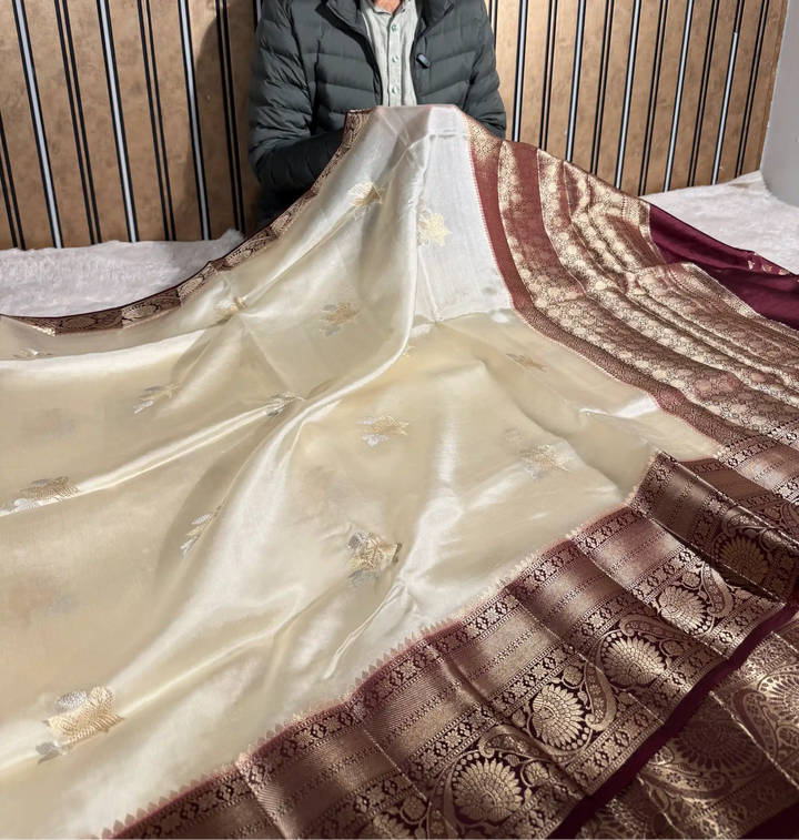 Cream Wine Mango Katan Silk Traditional Banarasi Saree