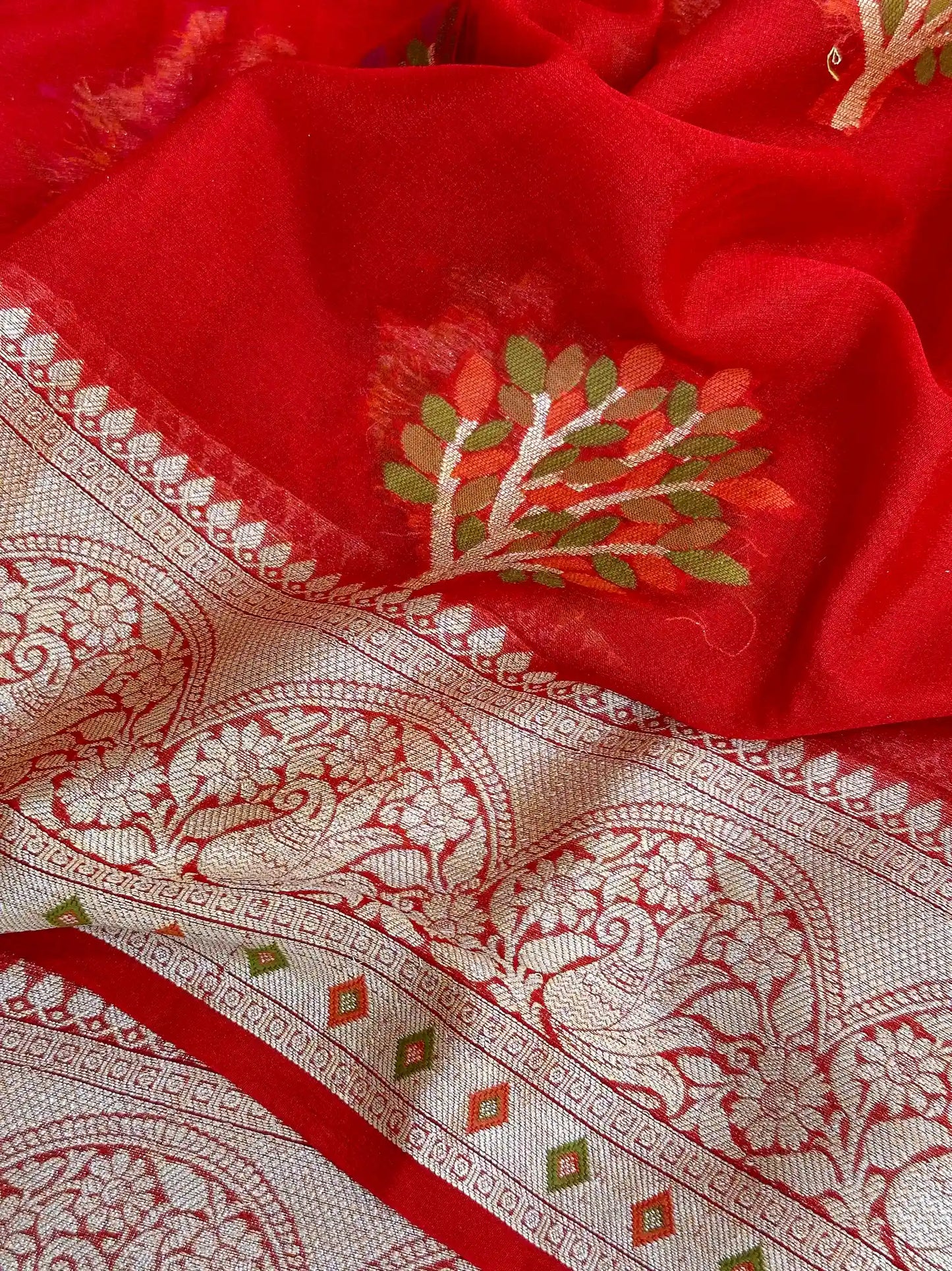 Crimson Red Chiffon Khaddi Buta Banarasi Saree