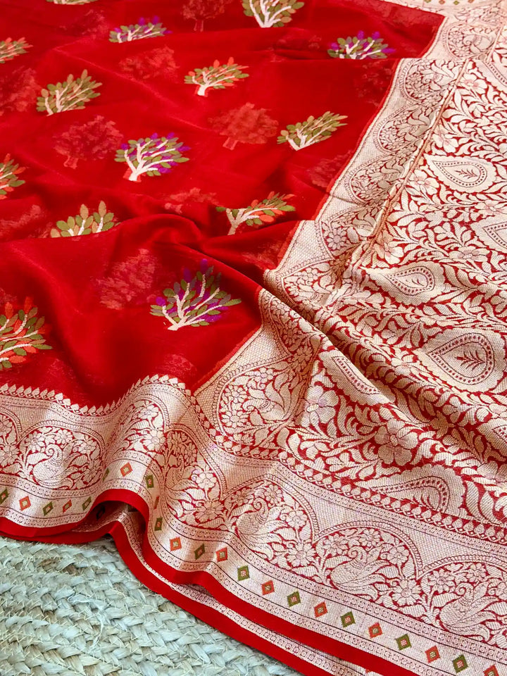 Crimson Red Chiffon Khaddi Buta Banarasi Saree