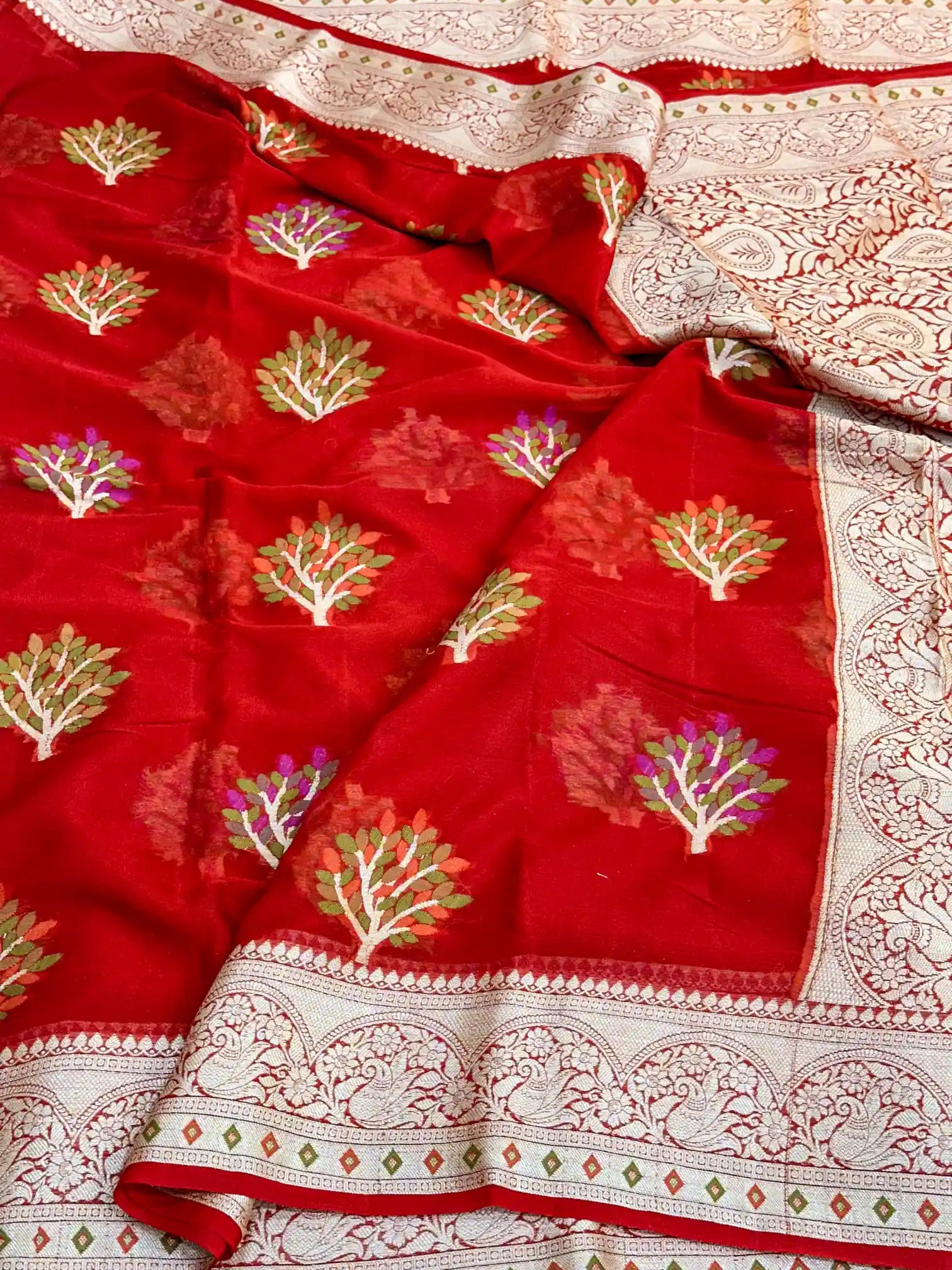 Crimson Red Chiffon Khaddi Buta Banarasi Saree