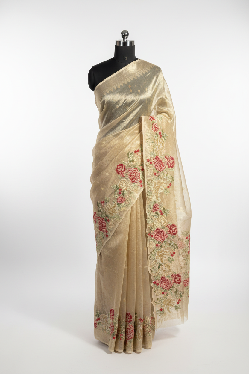 Golden Tissue Silk Crochet Work Banarasi Saree