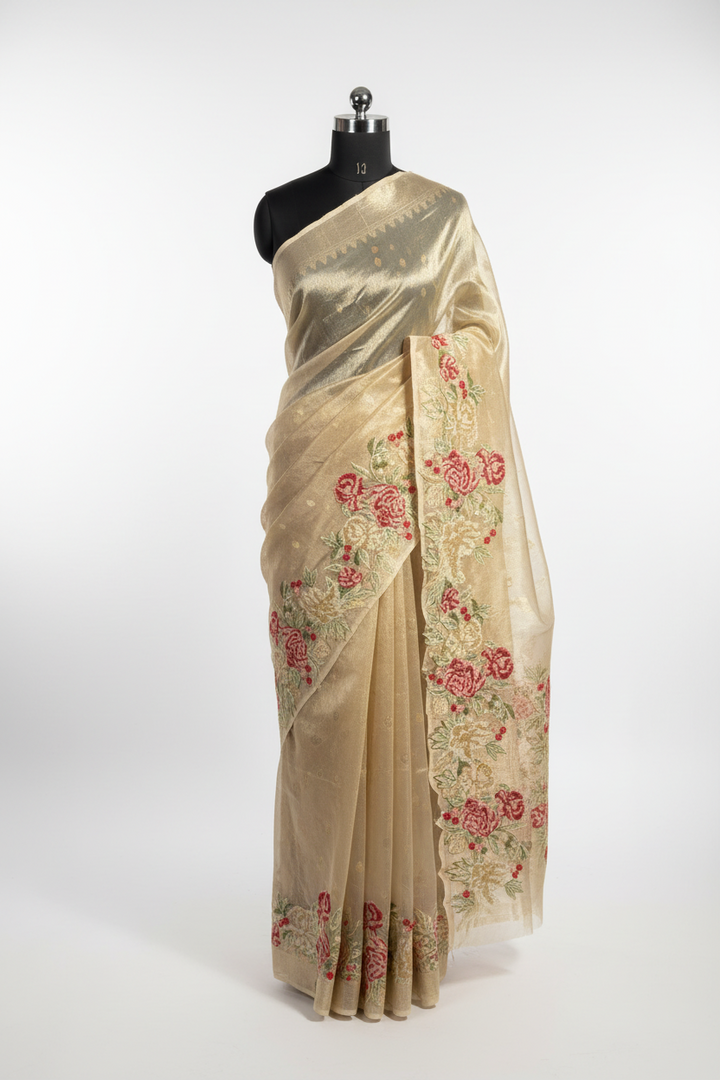 Golden Tissue Silk Crochet Work Banarasi Saree