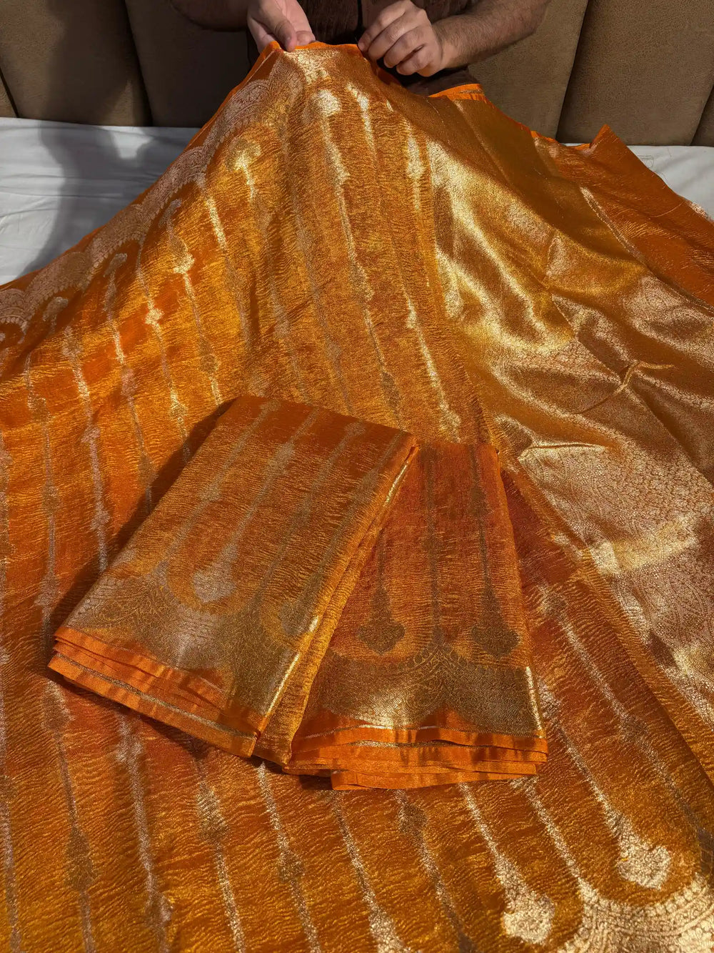 Rust Orange Crush Tissue Silk Banarasi Saree